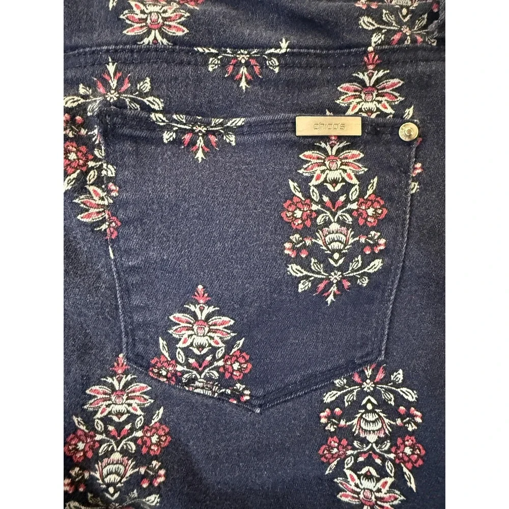 Chico's Floral Print Jeans Womens 28 Navy‎ So Slimming Girlfriend Ankle Boho